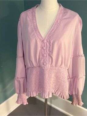Women’s Pink Lace-Trim Smocked Waist Boho Blouse (Tagged 4X but fits like 1X)